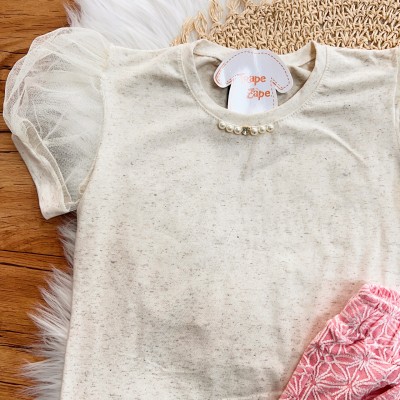 Conj. Blusa com Manga em Tule e Short Flores - Areia